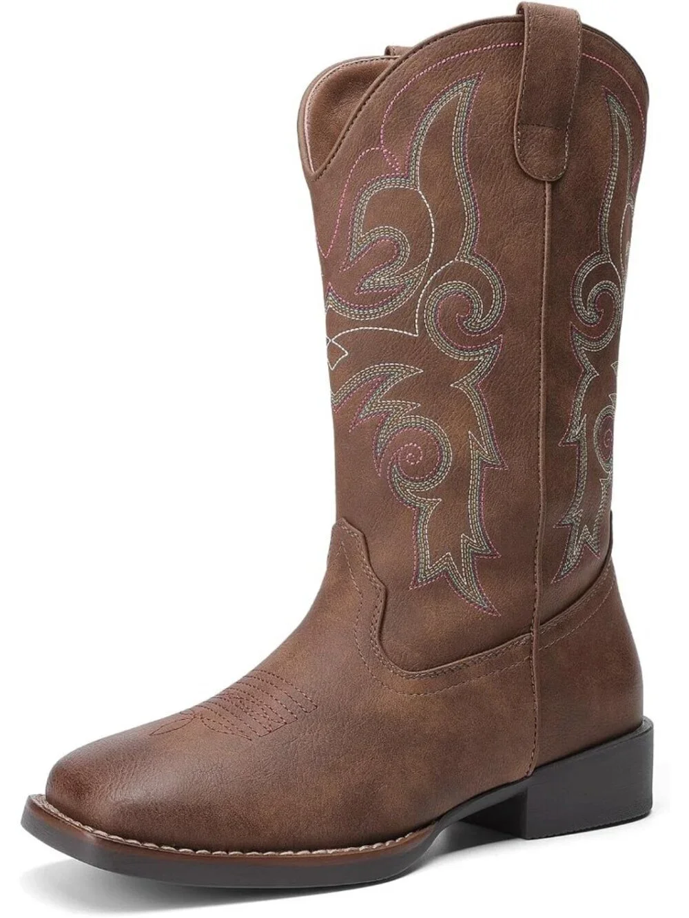 Women's Dark Brown Cowboy Cowgirl Boots Embroidered Square Toe Mid Calf Western